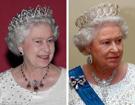 Nữ hoàng Anh Elizabeth II đội vương miện Vòng tròn phương Đông từng được thực hiện cho nữ hoàng Anh Victoria hồi năm 1853 (trái) và vương miện Nữ công tước Vladimir (phải).