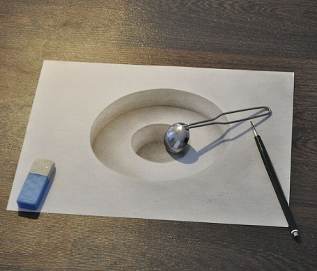 Một bức vẽ 3D được Stefan Pabst đánh giá là ở “trình độ thấp”. Chiếc thìa được đặt lên tờ giấy để cái bóng của nó hắt xuống và cho thấy rằng đây hoàn toàn là một bức vẽ trên bề mặt phẳng.