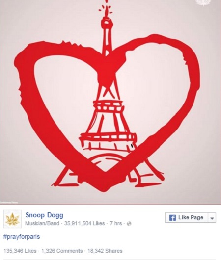 Nam rapper Snoop Dogg: “Cầu nguyện cho Paris”.