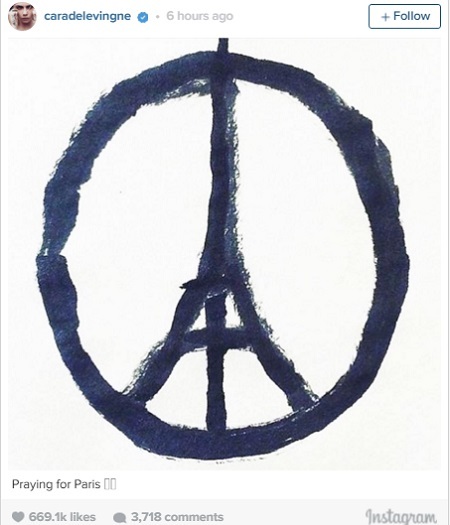 Câu chuyện về biểu tượng hòa bình lồng tháp Eiffel - 4 Siêu mẫu Cara Delevingne đã sử dụng hình vẽ biểu tượng này với lời nhắn gửi “Nguyện cầu cho Paris”.