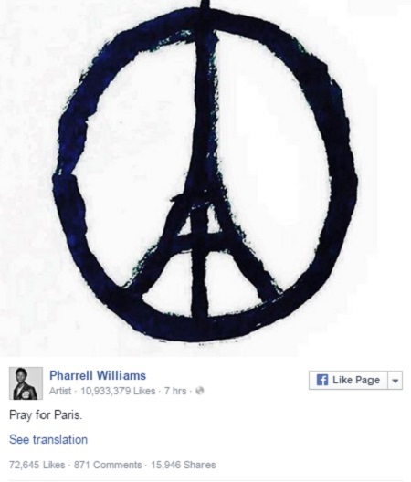 Câu chuyện về biểu tượng hòa bình lồng tháp Eiffel - 5 Nam ca sĩ Pharrell Williams cùng “Cầu nguyện cho Paris”.