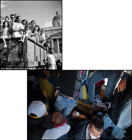 Trái: Ở Hy Lạp năm 1946, những trẻ em trở thành trẻ mồ côi vì chiến tranh đang được đưa tới những gia đình nhận nuôi các em. Phải: Năm 2015, ở thị trấn Gevgelija, Macedonia, một cậu bé tị nạn đang cố gắng ngủ trên một chuyến tàu đông đúc, chật chội để tới được biên giới Serbia.