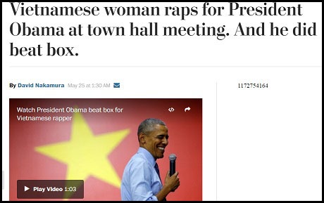 Báo chí thế giới ấn tượng màn đọc rap của Suboi trước Tổng thống Obama - 5 Tờ Washington Post (Mỹ) đăng bài “Cô gái Việt đọc rap trước Tổng thống Obama tại phòng hội nghị, và ngài trình diễn beatbox”.