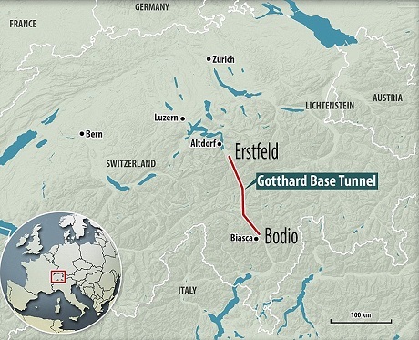 Kỳ lạ buổi lễ khánh thành khiến chính khách… “ngơ ngác” - 18 Đường hầm Gotthard Base Tunnel nối liền hai đô thị Erstfeld và Bodio của Thụy Sĩ, một hành trình trước đây vốn khó khăn bởi có dãy An-pơ chắn ngang.