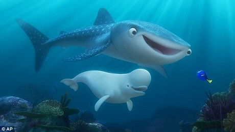 “Finding Dory” lập kỷ lục mới trong lịch sử điện ảnh - 4 Cá nhám đầu búa Destiny và cá voi trắng Bailey cùng hỗ trợ người bạn nhỏ - chú cá đuôi gai xanh Dory.