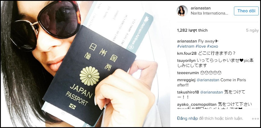 Từ cách đây 5 ngày, người đẹp đã đăng tải bức hình chụp với hộ chiếu và tấm vé máy bay của một hãng hàng không Việt Nam.