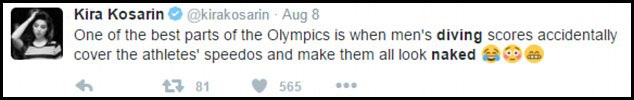 “Phát sốt” với những “ảnh hot” hài hước từ Olympic - 3 Tài khoản Kira Kosarin bình luận: “Một trong những điều tuyệt vời nhất ở Thế vận hội, đó là khi bảng điểm của các vận động viên bơi lội xuất hiện…”.