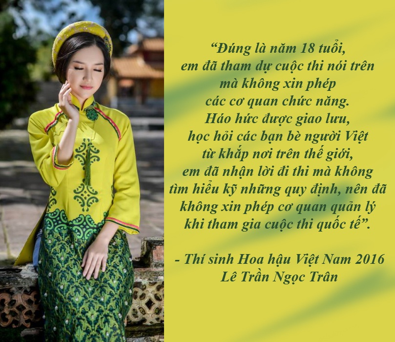 Lùm xùm tố cáo tại các cuộc thi Hoa hậu trong nước - 6 Thư của thí sinh Ngọc Trân gửi BTC cuộc thi Hoa hậu Việt Nam 2016 - Bằng lá thư này, thí sinh Lê Trần Ngọc Trân xin phép Ban tổ chức HHVN cho em được dừng thi, rút khỏi vòng chung kết.