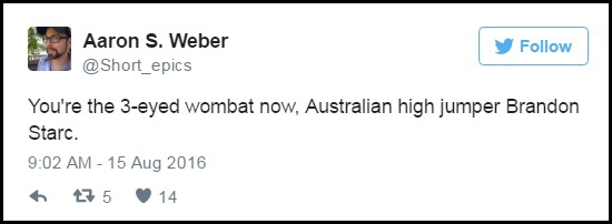 Tài khoản Aaron S. Weber: “Bây giờ anh đã là kangaroo 3 mắt rồi nhé, vận động viên nhảy cao người Úc Brandon Starc”. Trong phim, Bran Starc từng dày công đi tìm kiếm quạ 3 mắt - hiện thân của Bran trong tư cách một “thú nhân” siêu năng lực; còn kangaroo lại là loài động vật biểu tượng của nước Úc - quê nhà của vận động viên Brandon Starc; một sự kết hợp từ điện ảnh… cho tới thể thao.