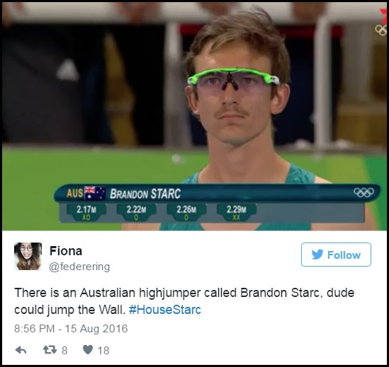 Tài khoản Fiona: “Có một vận động viên nhảy cao người Úc tên là Brandon Starc, cậu ta hẳn có thể nhảy qua cả Bức Tường”. “Status” này đề cập tới Bức Tường ở trong phim - một công trình khổng lồ, cao ngất ngưởng - ngăn cách giữa nền văn minh con người với thế giới man tộc và “bóng trắng”, là biểu tượng của sự an toàn bảo vệ cho con người tại lục địa Westeros khỏi những thế lực mà họ vốn ghê sợ.