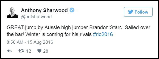 Tài khoản Anthony Sharwood: “Cú nhảy tuyệt vời của vận động viên nhảy cao Brandon Starc. Bay qua sào! Mùa đông đang đến với các đối thủ của anh”. Lại là một “status” nữa “chế” theo câu thoại “Mùa đông đang đến” ở trong phim.