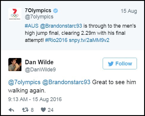 Tài khoản Dan Wilde hài hước bình luận: “Thật tuyệt khi được thấy cậu ấy bước đi trở lại”. Trong phim, nhân vật Bran Stark bị tật nguyền và không thể đi lại được sau khi bị ám hại những tưởng mất mạng. Bình luận này đã “đồng nhất” vận động viên Brandon Starc và nhân vật Bran Stark.