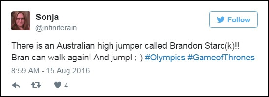 Tài khoản Sonja chia sẻ: “Có một vận động viên nhảy cao người Úc tên là Brandon Starc!! Bran đã có thể bước đi trở lại rồi! Và còn nhảy cao nữa!”.