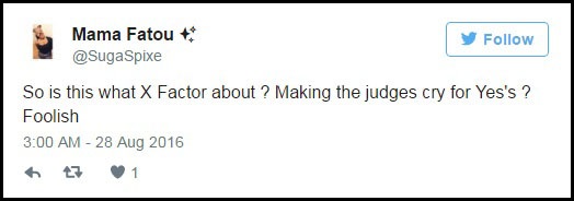 “Nhân tố bí ẩn” vừa trở lại đã bị chê… sến - 6 Thậm chí một người xem còn tỏ ra khá gay gắt: “Vậy đây là những gì mà X Factor xoay quanh sao? Khiến giám khảo phải khóc để nhận được sự đồng ý ư? Ngớ ngẩn”.