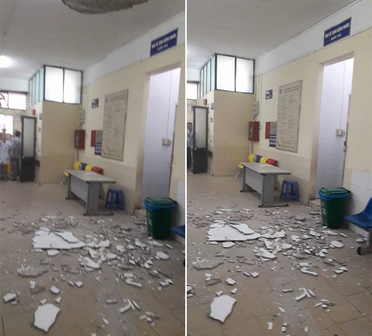 Mảng vữa lớn trong Bệnh viện Nhi rơi trúng một phụ nữ bế con nhỏ - 1 Hiện trường vụ việc (ảnh người dân cung cấp)