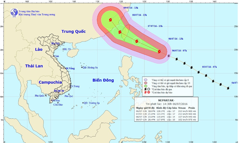 Xuất hiện siêu bão Nepartak gần Biển Đông - 1 Vị trí và hướng di chuyển của siêu bão NEPARTAK (ảnh: TTDBKTTVTƯ)