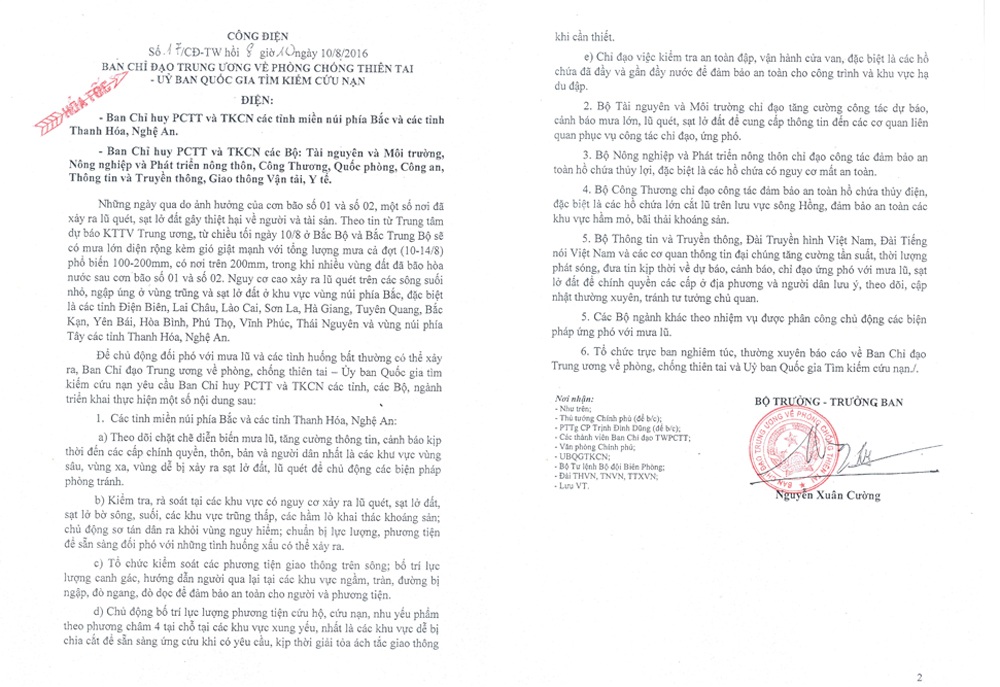 Công điện ứng phó với mưa lũ, sạt lở đất - 1 Công điện của Ban Chỉ đạo Trung ương về PCTT và TKCN.