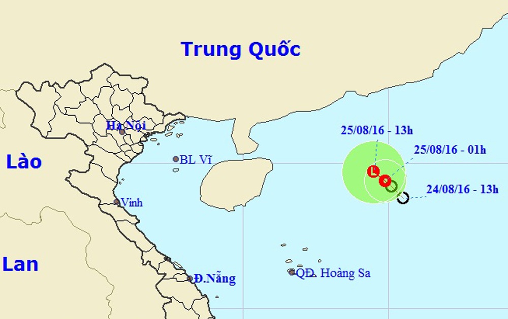 Vị trí và hướng di chuyển của áp thấp nhiệt đới (Ảnh: Trung tâm Dự báo Khí tượng Thủy văn Trung ương).