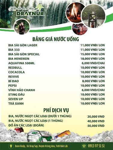 Bức xúc vì mang bia vào thác chơi bị tính phí - 2 Bảng giá nước uống và phí dịch vụ của KDL thác Drây Nur
