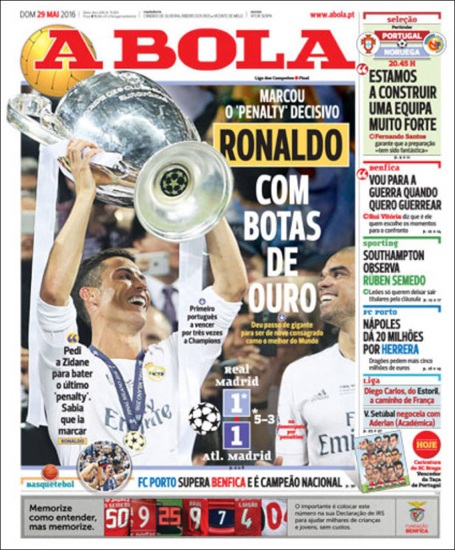 Báo chí thế giới ca ngợi Real Madrid sau chức vô địch Champions League - 1 Tờ A Bola (Bồ Đào Nha) ngợi ca C.Ronaldo