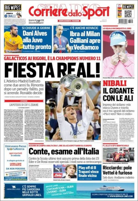 Báo chí thế giới ca ngợi Real Madrid sau chức vô địch Champions League - 3 Tờ Corriere dello Sport (Italia) giật tít: Bữa tiệc của Real Madrid