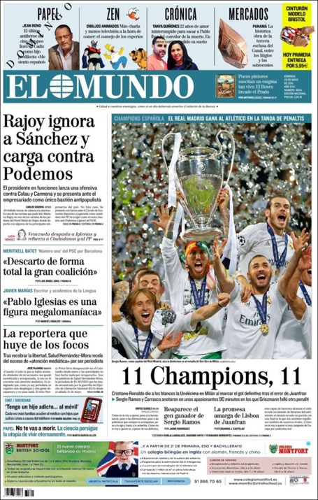 Báo chí thế giới ca ngợi Real Madrid sau chức vô địch Champions League - 4 11 Champions, 11, đó là dòng tít trên tờ El Mundo (Tây Ban Nha)