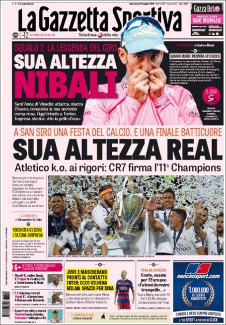 Báo chí thế giới ca ngợi Real Madrid sau chức vô địch Champions League - 5 Tờ Gazzetta dello Sport (Italia) ca ngợi Real Madrid và C.Ronaldo