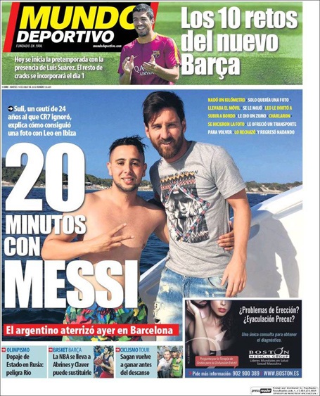 Cổ động viên cuồng nhiệt bơi… 1 km để gặp Messi - 1 Tờ Mundo Deportivo đăng tin về fan cuồng bơi 1km ra gặp gỡ Messi