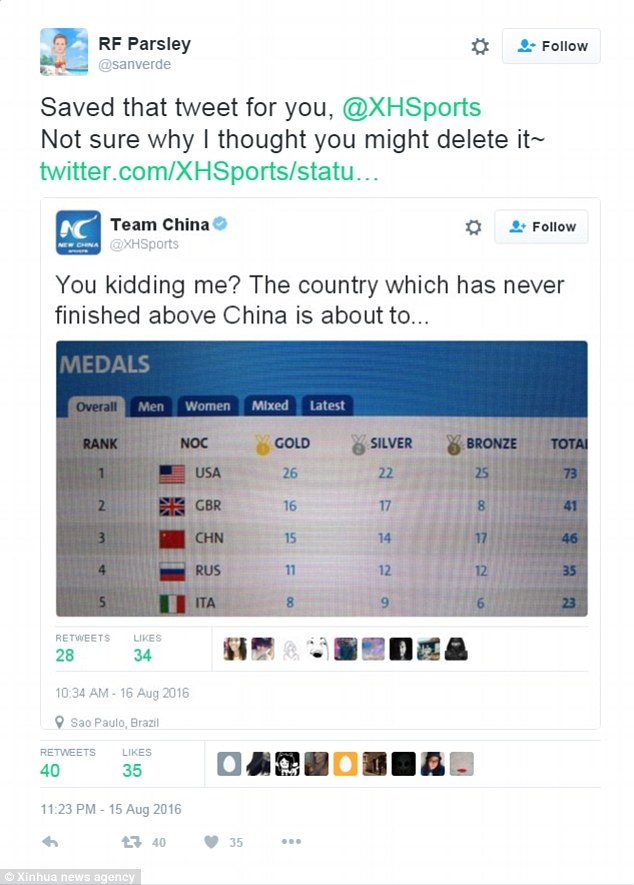 Báo Trung Quốc hớ nặng vì nhầm đoàn nhà xếp thứ 2 ở Olympic 2016 - 2
Dòng tweet của Tân Hoa Xã trước đó chế giễu người Anh
