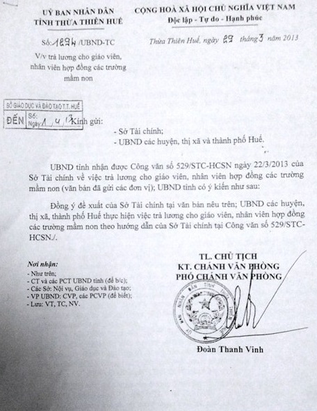 Phụ huynh hàng trăm trường mầm non công lập “góp” tiền trả lương bảo vệ - 3
Công văn của UBND tỉnh năm 2013 yêu cầu các địa phương cấp dưới thực hiện việc trả lương theo hướng dẫn của Sở Tài chính. Đã 2 năm qua nhưng vẫn chưa thực hiện được.