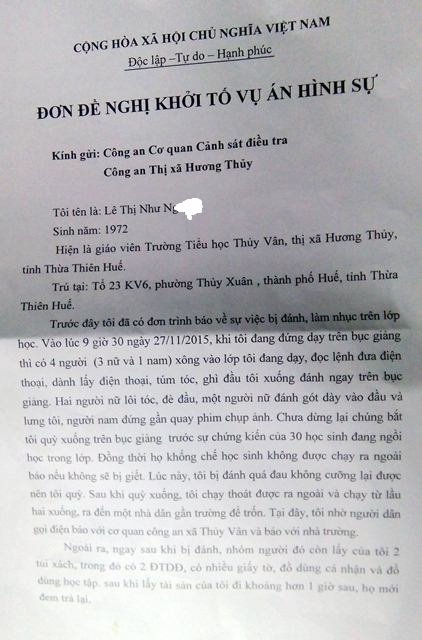 Cô giáo yêu cầu khởi tố hình sự nhóm người vào đánh ghen trong lớp - 2 Đơn đề nghị khởi tố vụ án hình sự với nhóm người đã xông vào đánh cô Ng. trong lớp