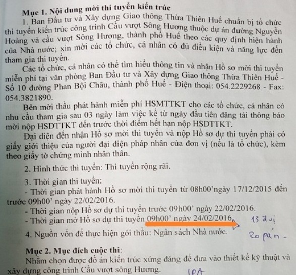 Chấm thi 20 phương án cầu vượt sông Hương chỉ mất 2 tiếng? - 3 Thời gian mở hồ sơ thi tuyển được ghi là từ 9h sáng 24/2. Nếu ban giám khảo chấm trước từ 7h30 liệu có vi phạm quy chế?