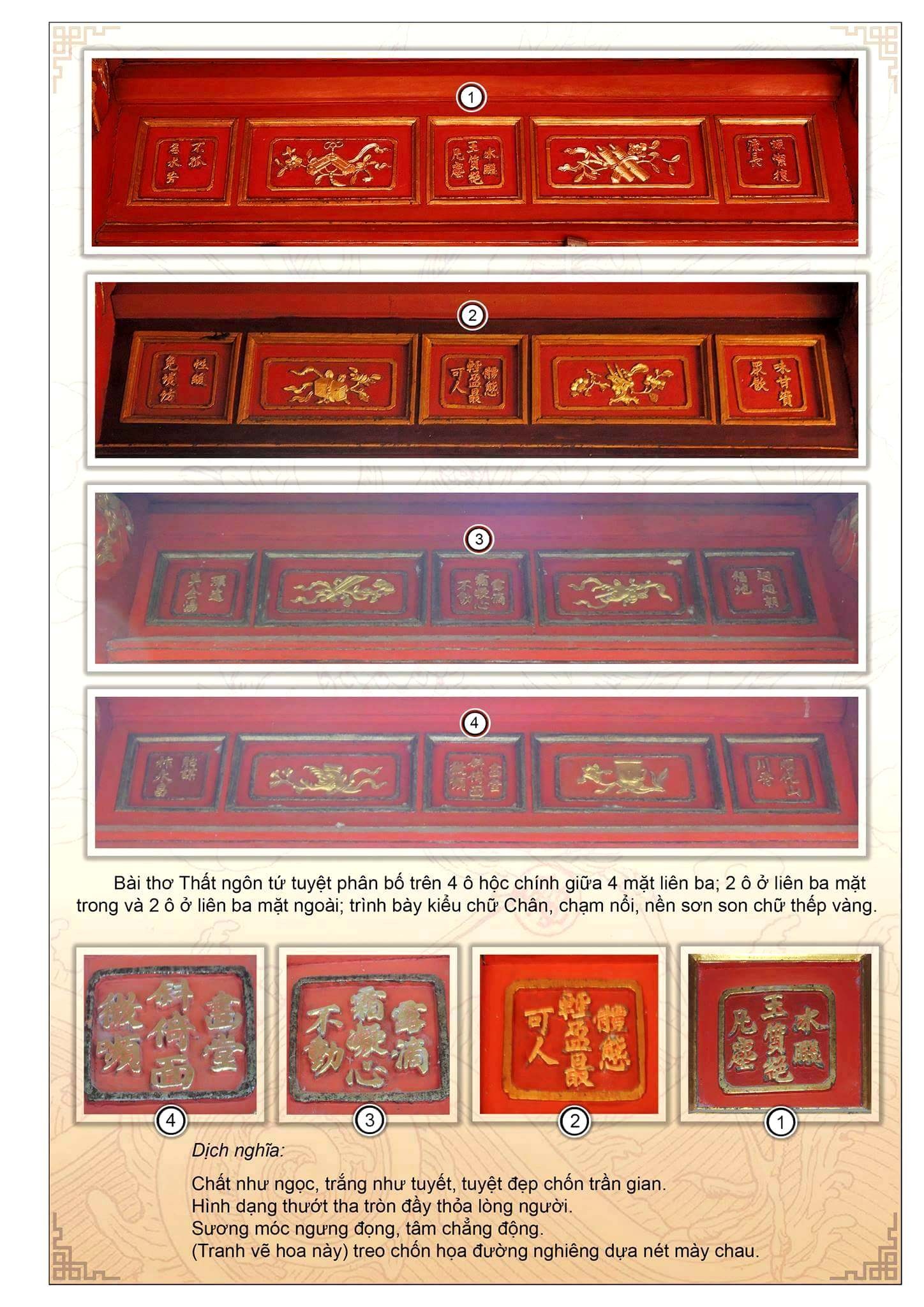 Thơ văn ở đây trang trí tập trung chủ yếu ở các công trình bố trí trên trục Thần đạo. Riêng thơ chạm trên gỗ thì ở Bi Đình có 64 ô thơ, Hiển Đức Môn 42 ô thơ, điện Sùng Ân 111 ô thơ, Minh Lâu 216 ô thơ. Những áng thơ văn ở đây có hiệu ứng lớn với cảm thức mỹ học của người thưởng thức: vừa đẹp, vừa trang trọng, vừa quý phái, vừa trí tuệ