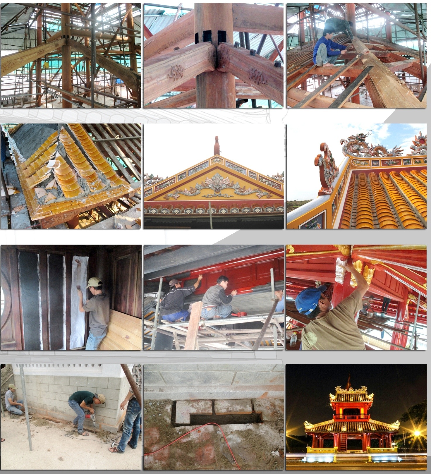 Phu Văn Lâu tỏa vẻ đẹp rực rỡ trong đêm - 4 Với phương pháp hạ giải toàn bộ để đánh giá toàn bộ cấu kiện, các chi tiết... cái nào dùng lại được, cái nào cần thay... từ đó đưa ra cách phục hồi, tu bổ tốt nhất rồi dựng lên lại