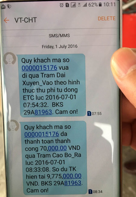 Nạp thẻ, trả phí tự động như điện thoại trên cao tốc Cầu Giẽ - Ninh Bình - 2 ETC báo về điện thoại của chủ phương tiện về thực hiện thu phí tự động thành công, chủ phương tiện có thể kiểm tra mọi thông tin về tài khoản, mức phí, quãng đường ngay tại chỗ