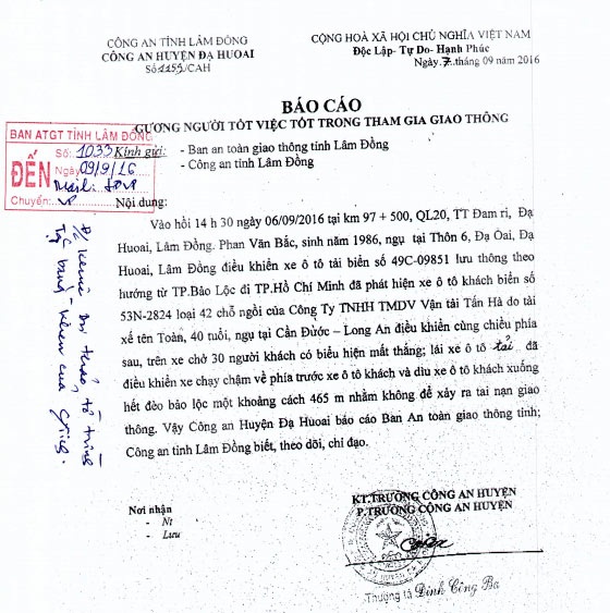 Văn bản báo cáo của cơ quan công an tỉnh Lâm Đồng về sự việc