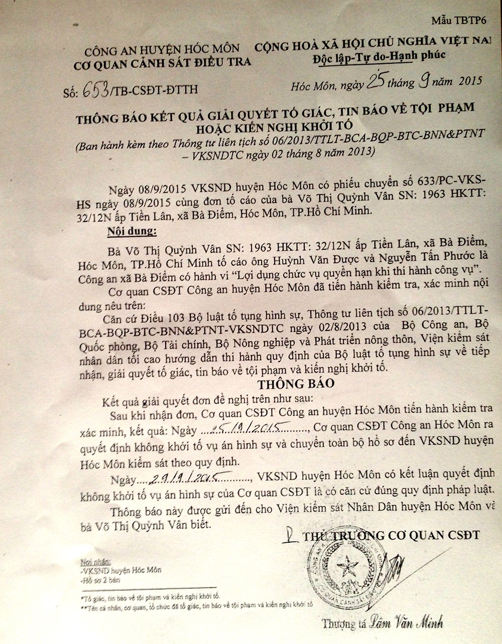 Công an xã bị “tố” lạm quyền, huyện nói không? - 3 Kết quả trả lời khiếu nại, tố cáo của Công an huyện Hóc Môn về vụ việc Công an xã bị tố lạm quyền