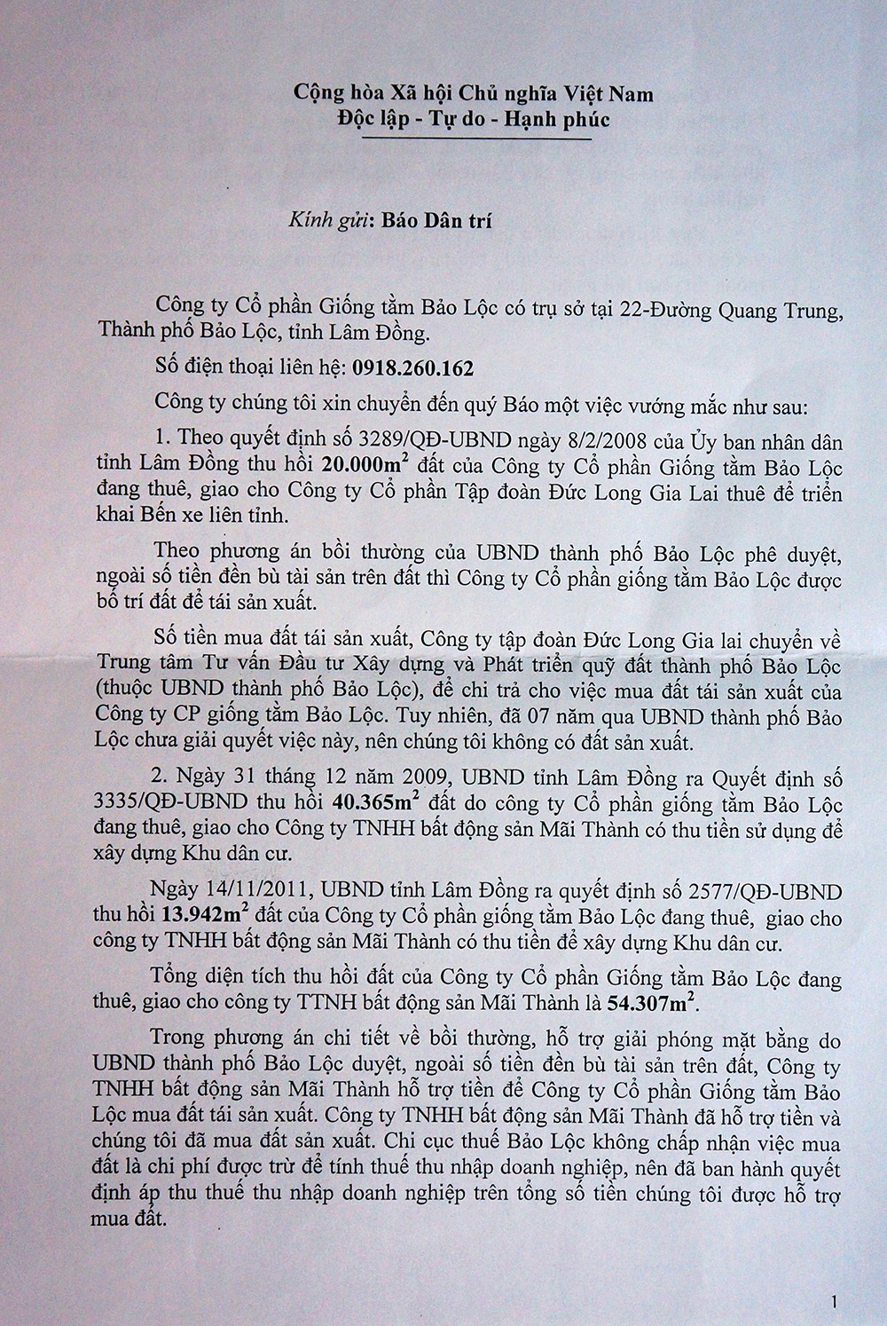 Đơn thư của Cty Giống tằm Bảo Lộc gửi đến Báo Dân trí