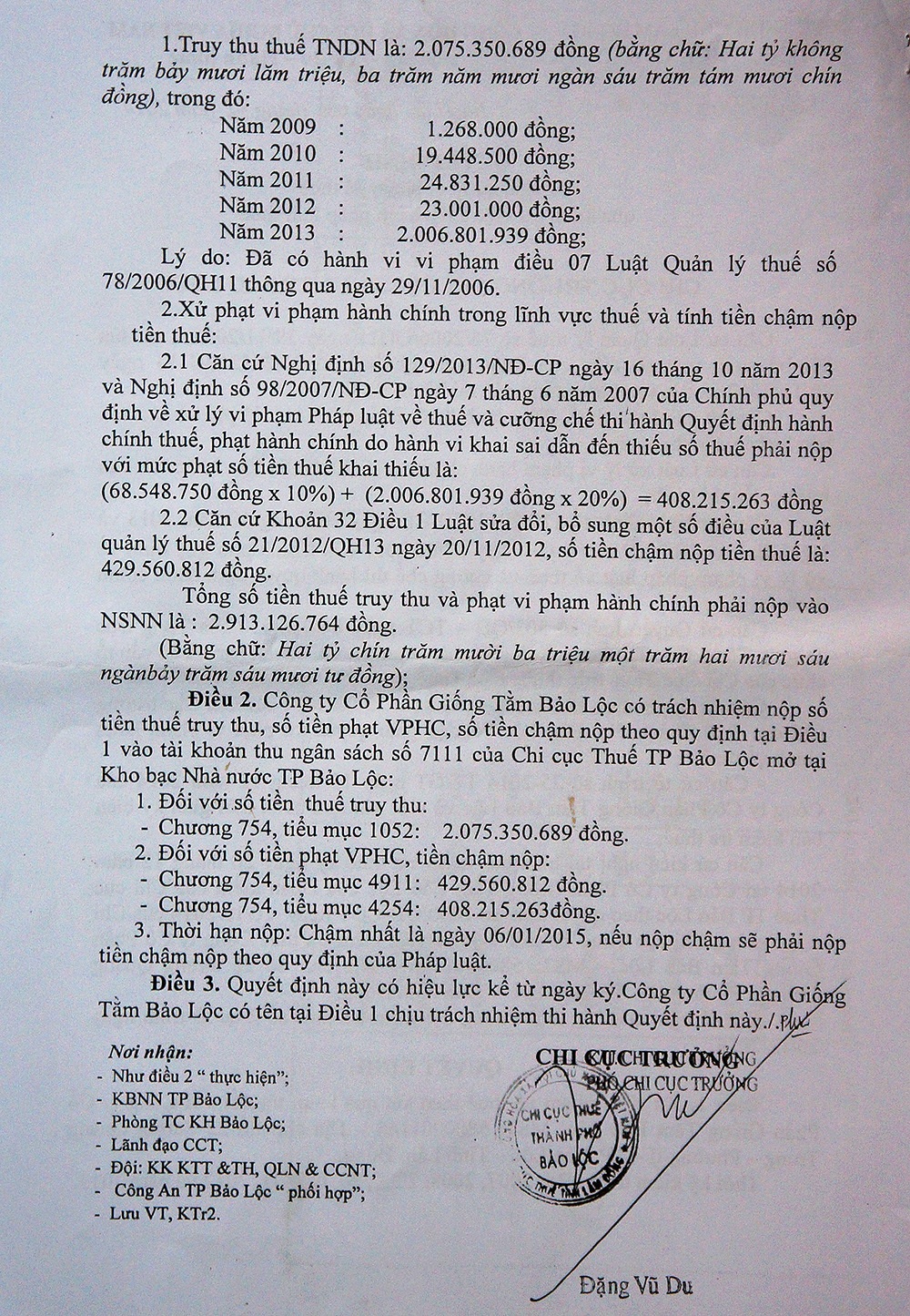 Quyết đinh truy thu gần 3 tỷ đồng tiền thuế của Chi cục thuế Bảo Lộc đối với Cty Giống tằm Bảo Lộc