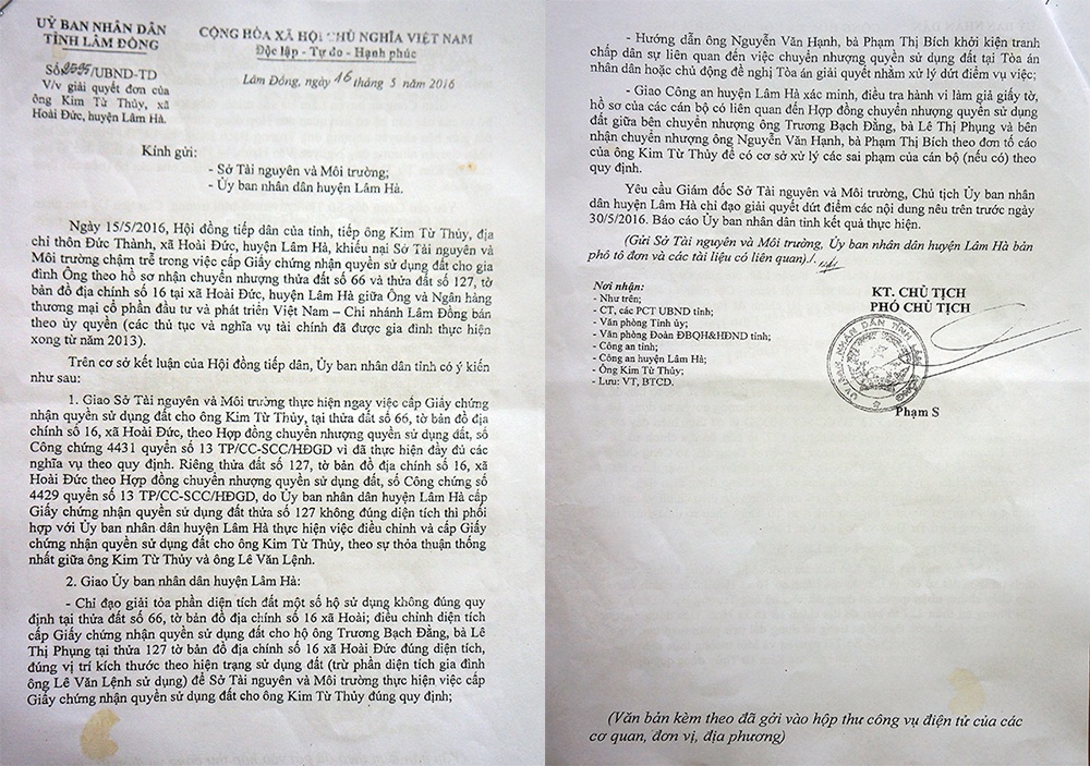 Văn bản số 2595/UBND-TD ngày 16/5 do Phó Chủ tịch UBND tỉnh Lâm Đồng Phạm S ký gửi đến Sở TN&MT với nội dung giao Sở TN&MT thực hiện ngay việc cấp GCNQSDĐ cho anh Kim Từ Thủy diện tích 5,4 ha 