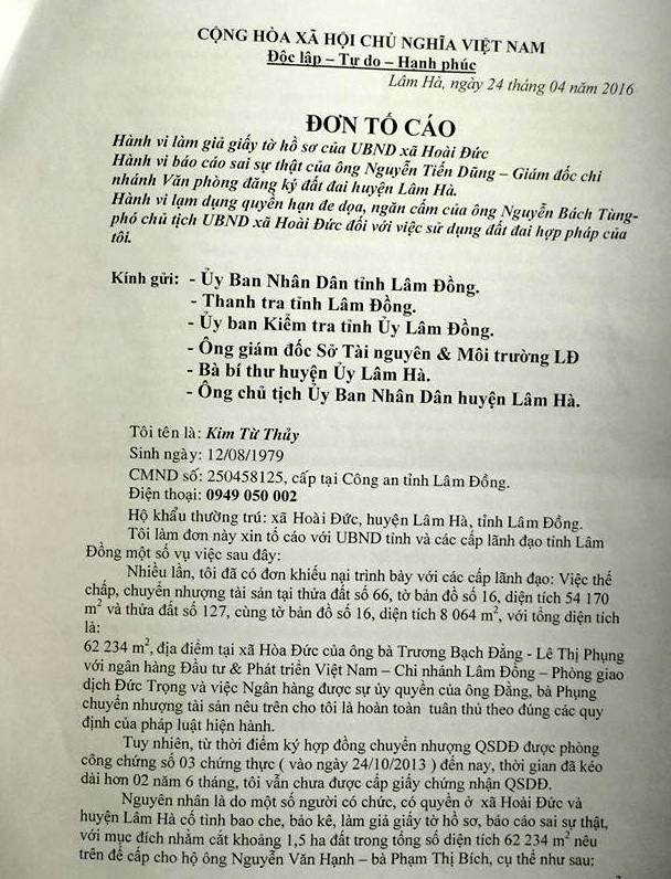 Đơn tố cáo của anh Kim Từ Thủy gửi đến cơ quan chức năng