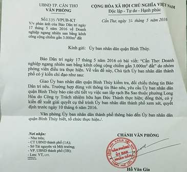 Văn bản chỉ đạo của UBND TP Cần Thơ về vụ doanh nghiệp ngang nhiên lấp mương công cộng