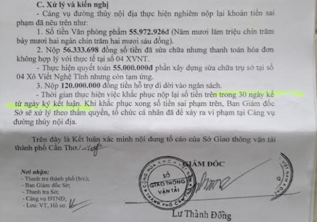 Cảng vụ đường thủy nội địa Cần Thơ bị phát hiện nhiều sai phạm - 1 Kết luận của giám đốc sở GTVT Cần Thơ về các sai phạm xảy ra tại cảng vụ đường thủy Cần Thơ