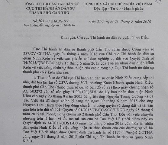 Cần Thơ: Án có hiệu lực, thi hành án không kê biên mà hướng dẫn đi kiện! - 2 Văn bản của Cục Thi hành án dân sự TP Cần Thơ khẳng định việc chuyển nhượng của bà Tào Việt Hà là hành vi tẩu tán tài sản