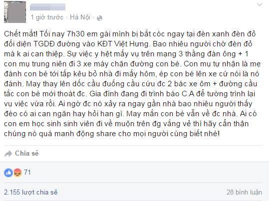 Sự thật vụ “bắt cóc trẻ em” giữa phố đông người ở Hà Nội - 1 Những dòng chia sẻ gây hoang mang dư luận.