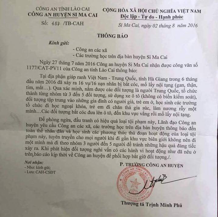 Bác thông tin 16 vụ bắt cóc trẻ em lấy nội tạng - 1 Thông báo của CAH Si Ma Cai (Lào Cai) khiến dư luận xôn xao.