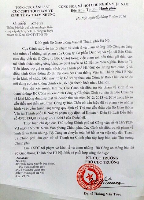 Tiêu cực trong đấu thầu xe buýt ở Hà Nội: Chuyển Thanh tra Chính phủ - 1 C46 thông báo chuyển hồ sơ vụ tiêu cực trong đấu thầu xe buýt ở Hà Nội sang Thanh tra Chính phủ.