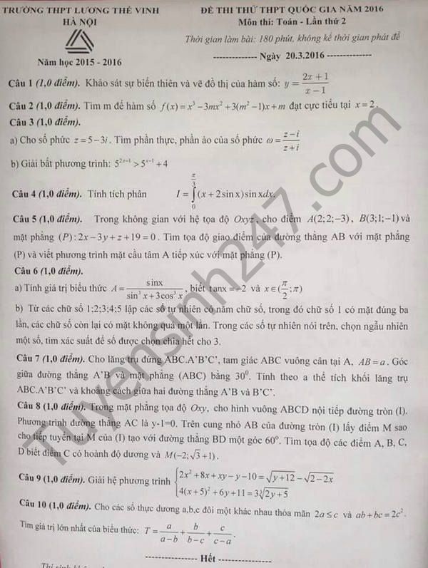 10 đề thi thử THPT quốc gia 2016 môn Toán - 7 10 đề thi thử THPT quốc gia 2016 môn Toán - 7