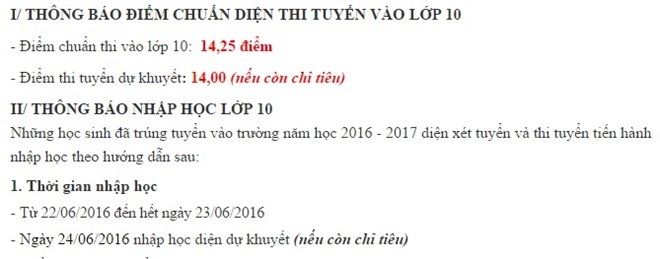 Hà Nội: Trường THPT thứ 2 công bố điểm trúng tuyển - 1 Thông báo điểm chuẩn trên website nhà trường