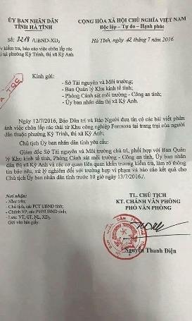 Chủ tịch Hà Tĩnh "hỏa tốc" yêu cầu làm rõ vụ chôn chất thải của Formosa - 1 Công văn hỏa tốc của Chủ tịch UBND tỉnh chỉ đạo khẩn trương xử lý vụ việc báo Dân trí nêu